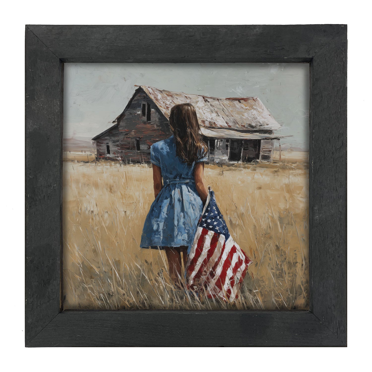 Child With Flag - Girl in Blue Dress - Framed Art