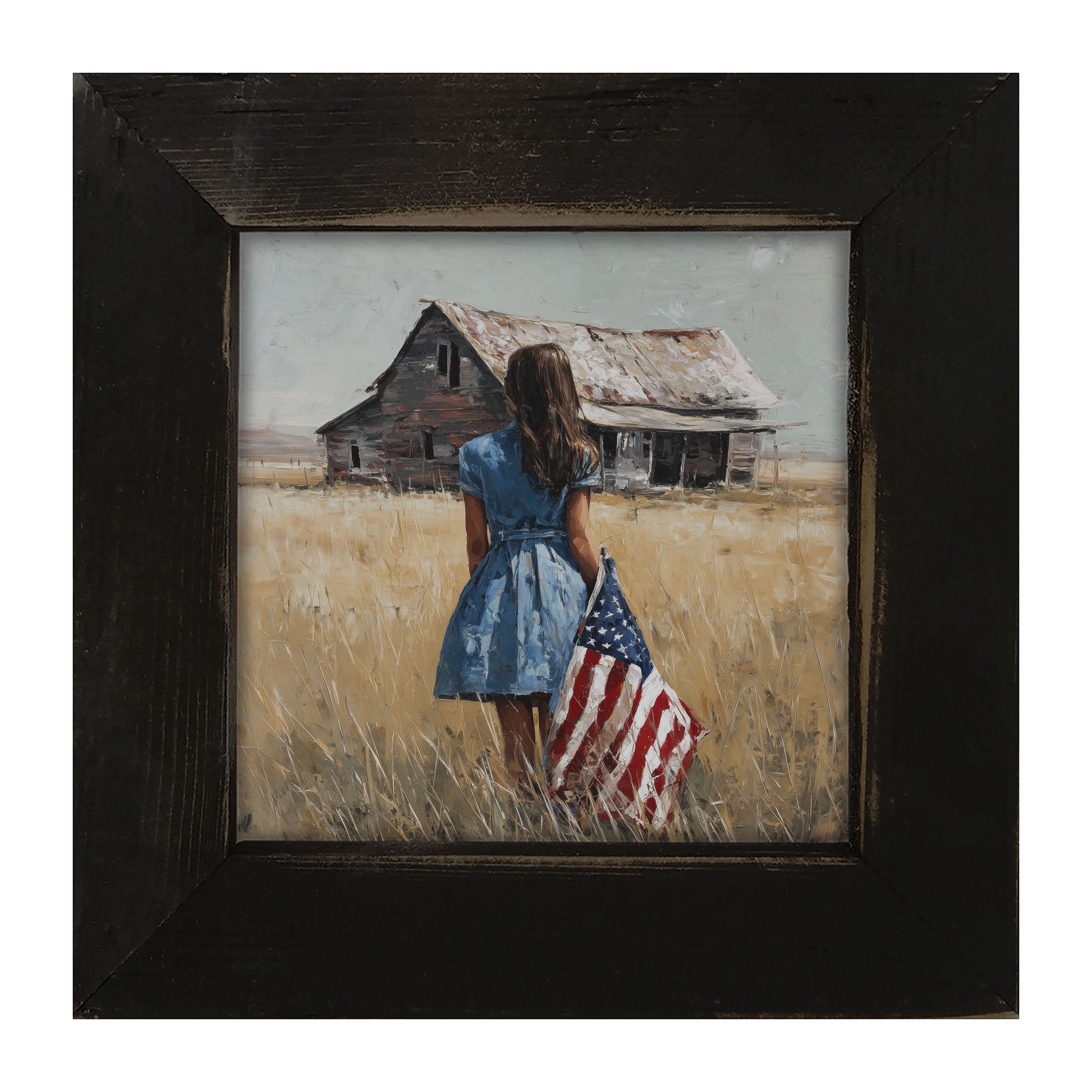 Child With Flag - Girl in Blue Dress - Framed Art