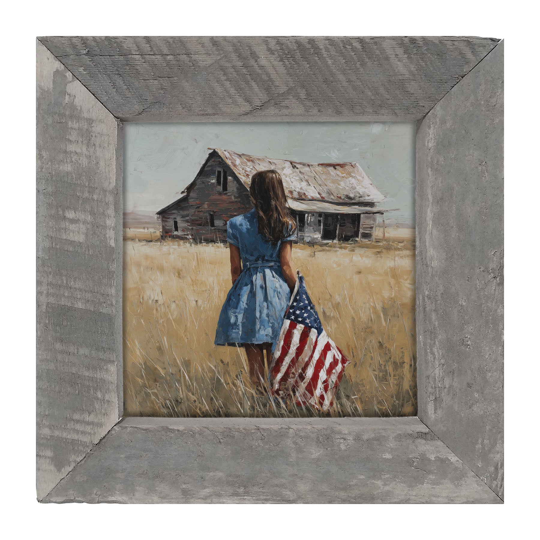 Child With Flag - Girl in Blue Dress - Framed Art