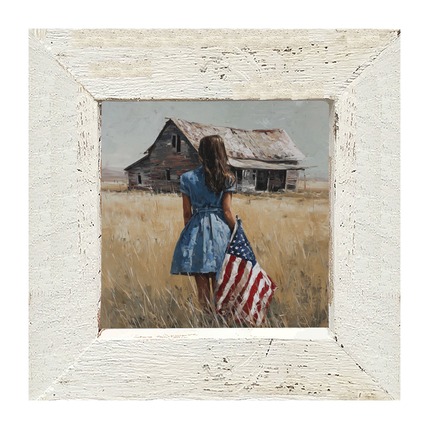 Child With Flag - Girl in Blue Dress - Framed Art