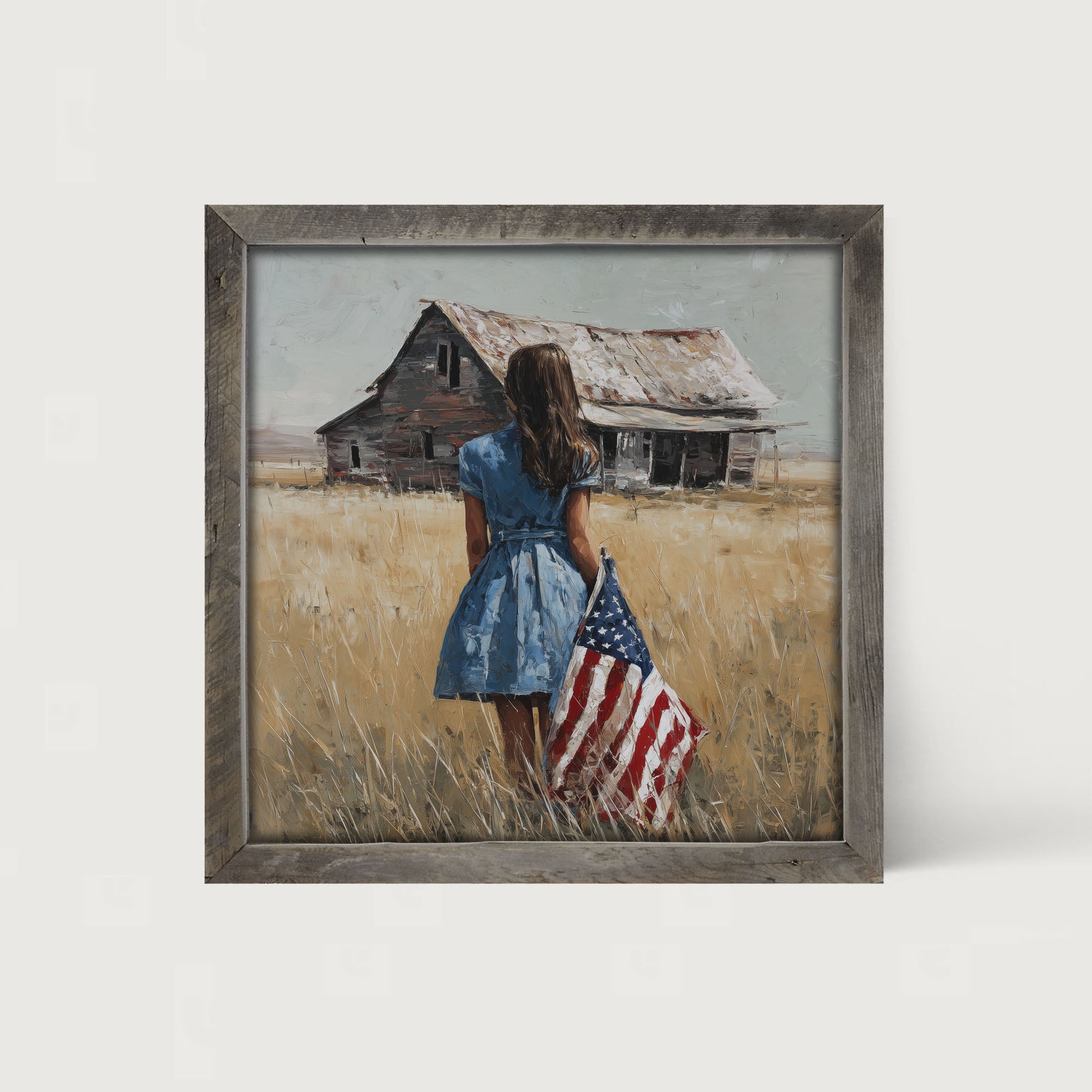 Child With Flag - Girl in Blue Dress - Framed Art