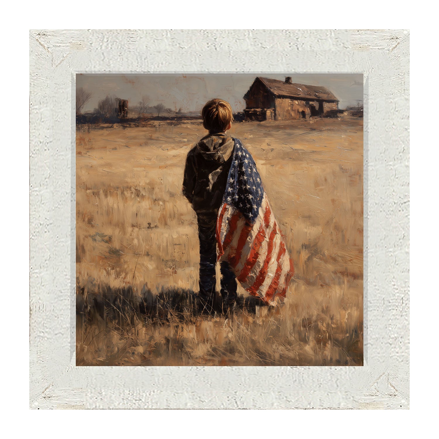 Child With Flag - Boy at Farm - Framed Art