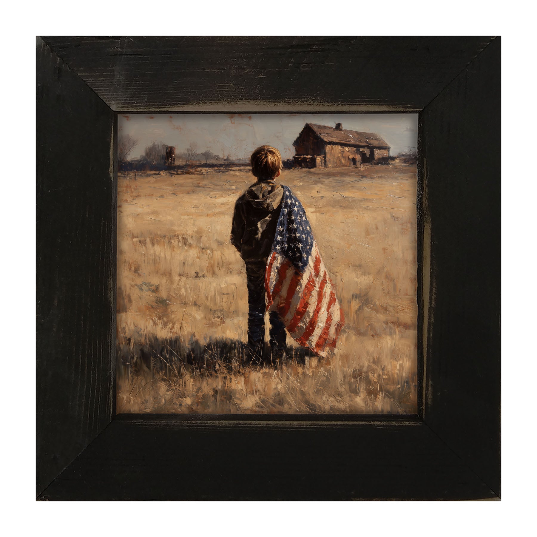 Child With Flag - Boy at Farm - Framed Art
