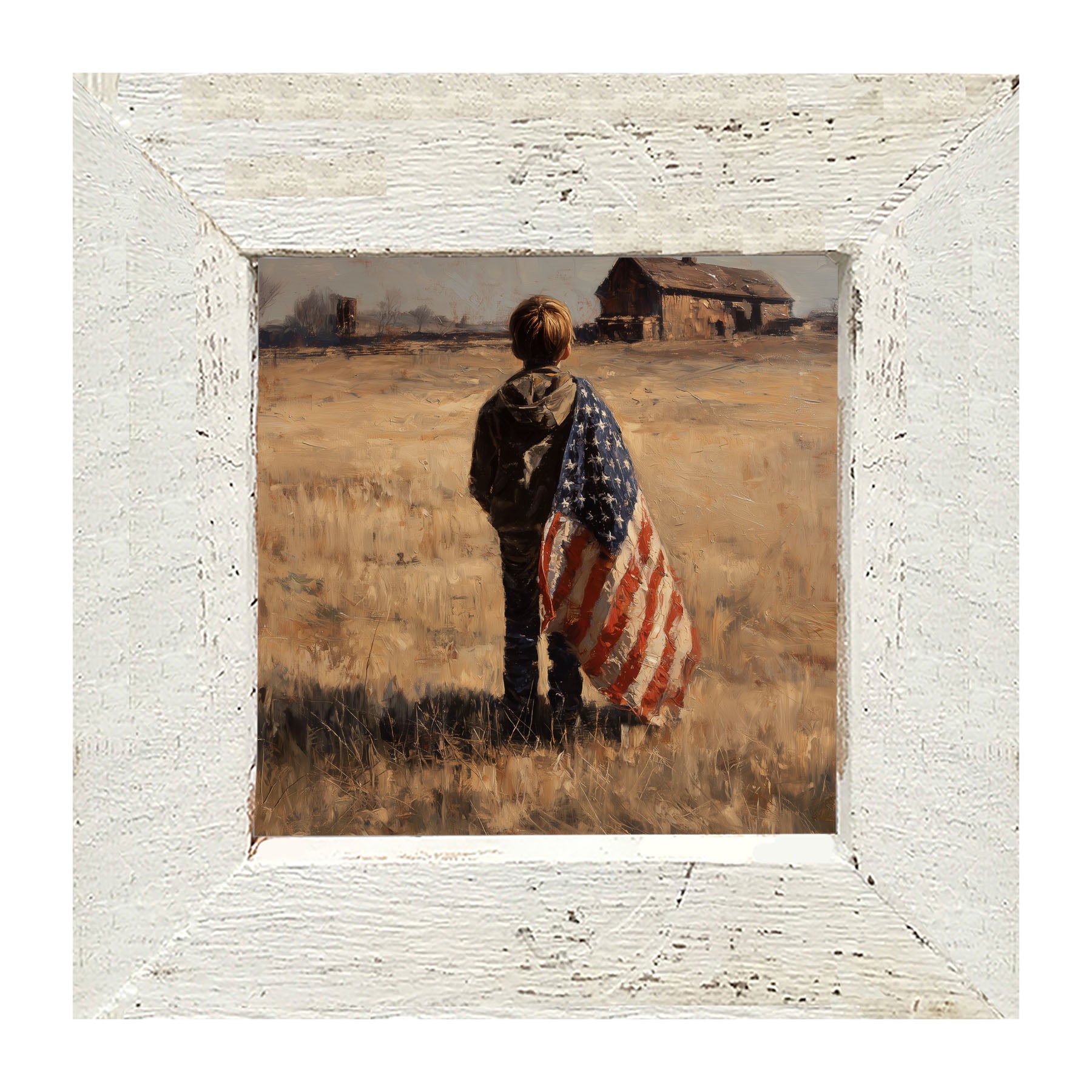 Child With Flag - Boy at Farm - Framed Art