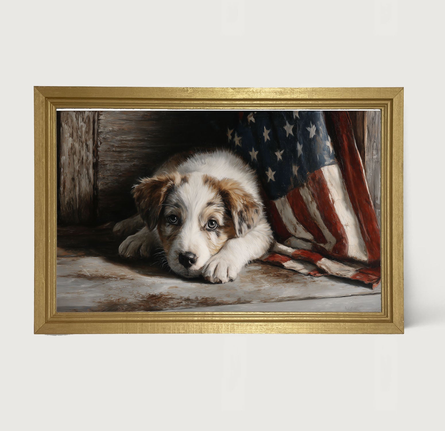 White and Brown Dog Resting near Flag