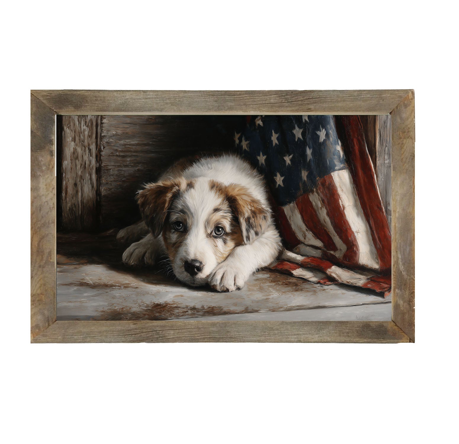 White and Brown Dog Resting near Flag - Framed Art