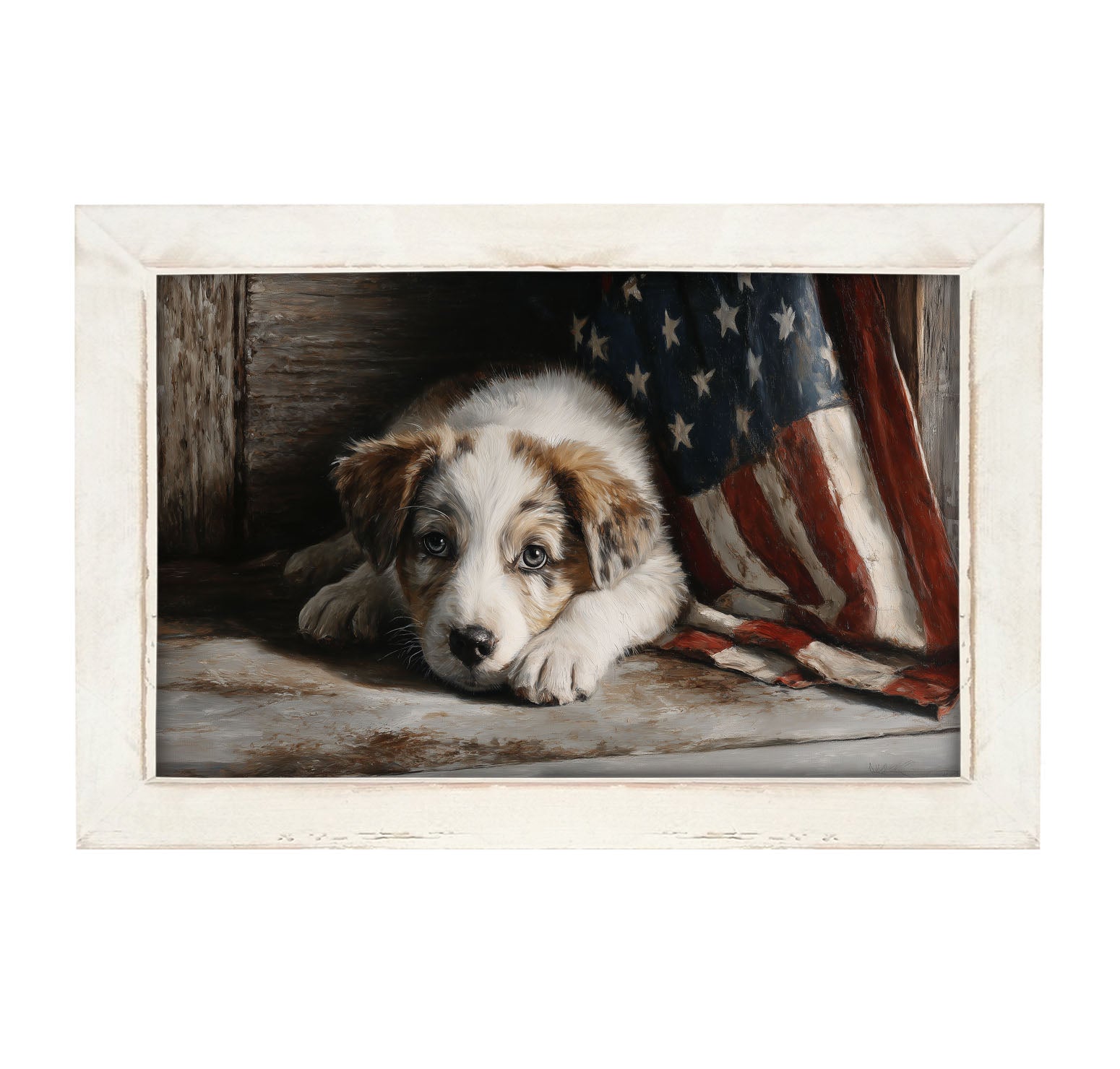 White and Brown Dog Resting near Flag - Framed Art