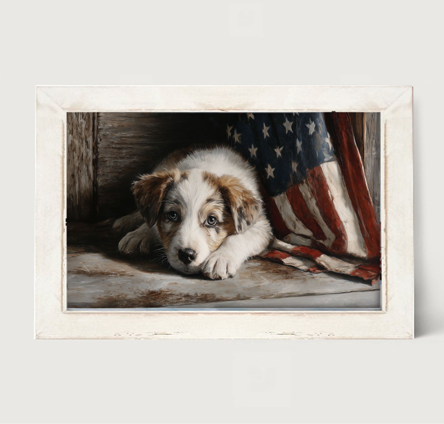 White and Brown Dog Resting near Flag