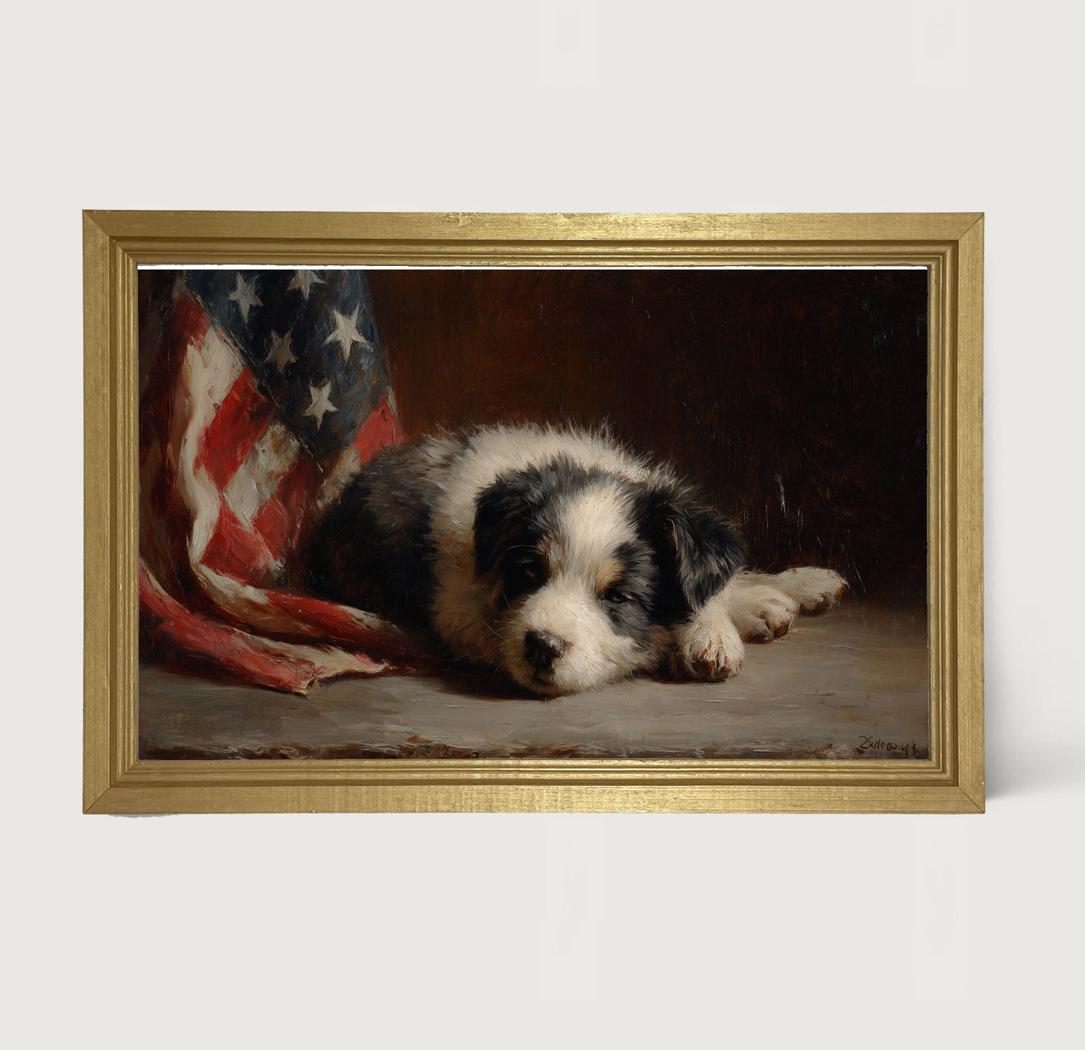 Black and White Dog Resting near Flag - Framed Art