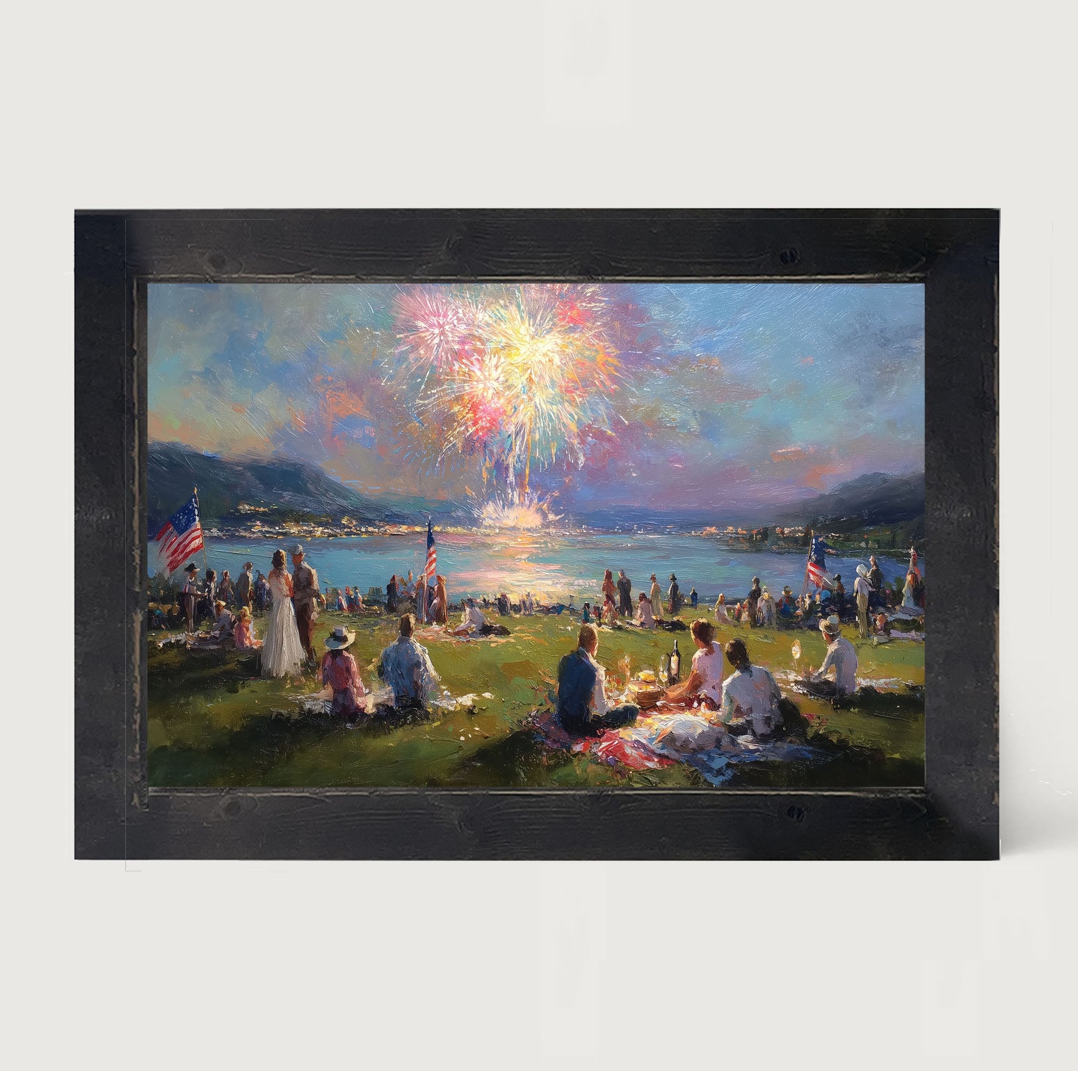 Fireworks- families at the Lake - Framed Art