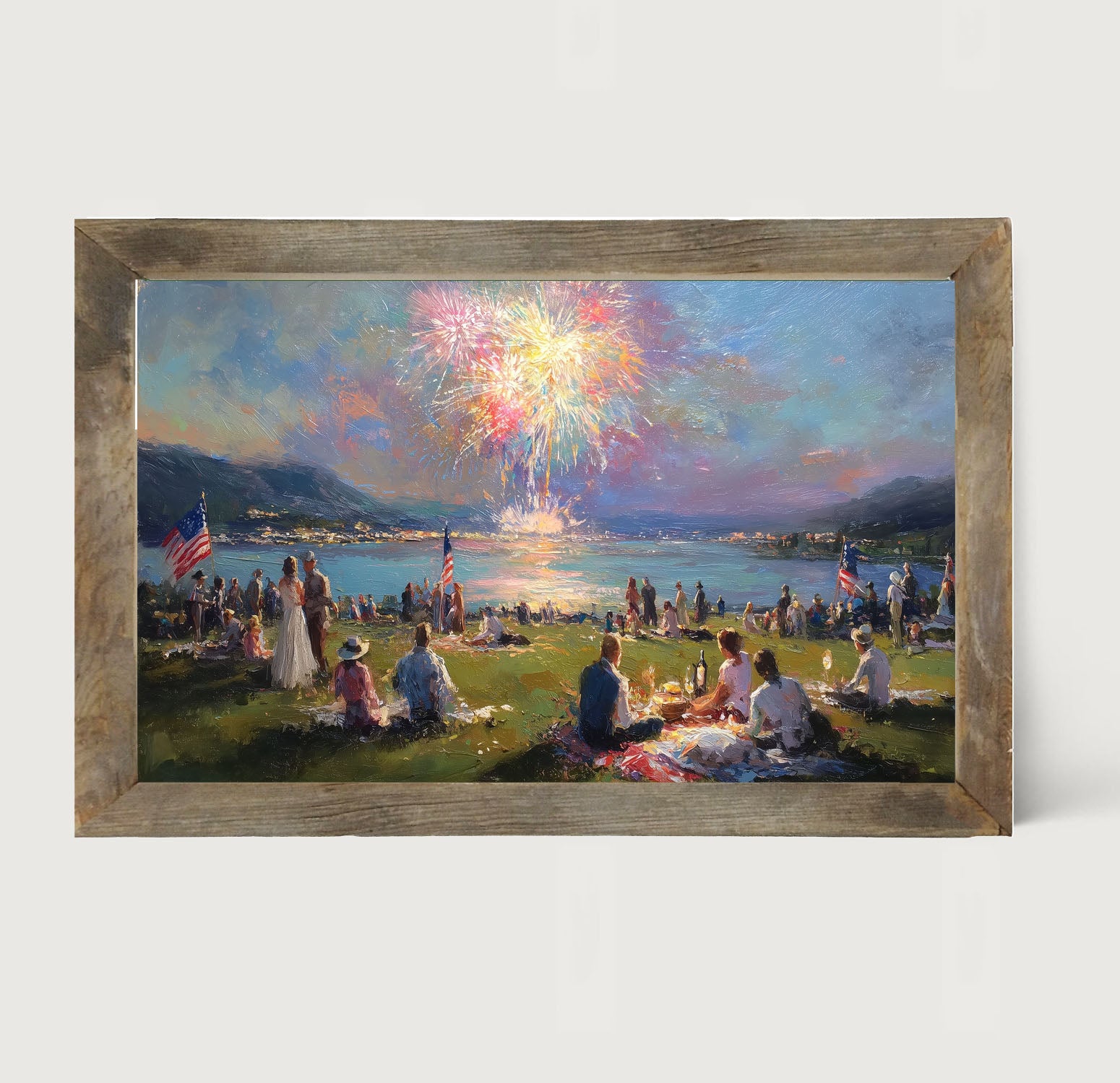 Fireworks- families at the Lake - Framed Art