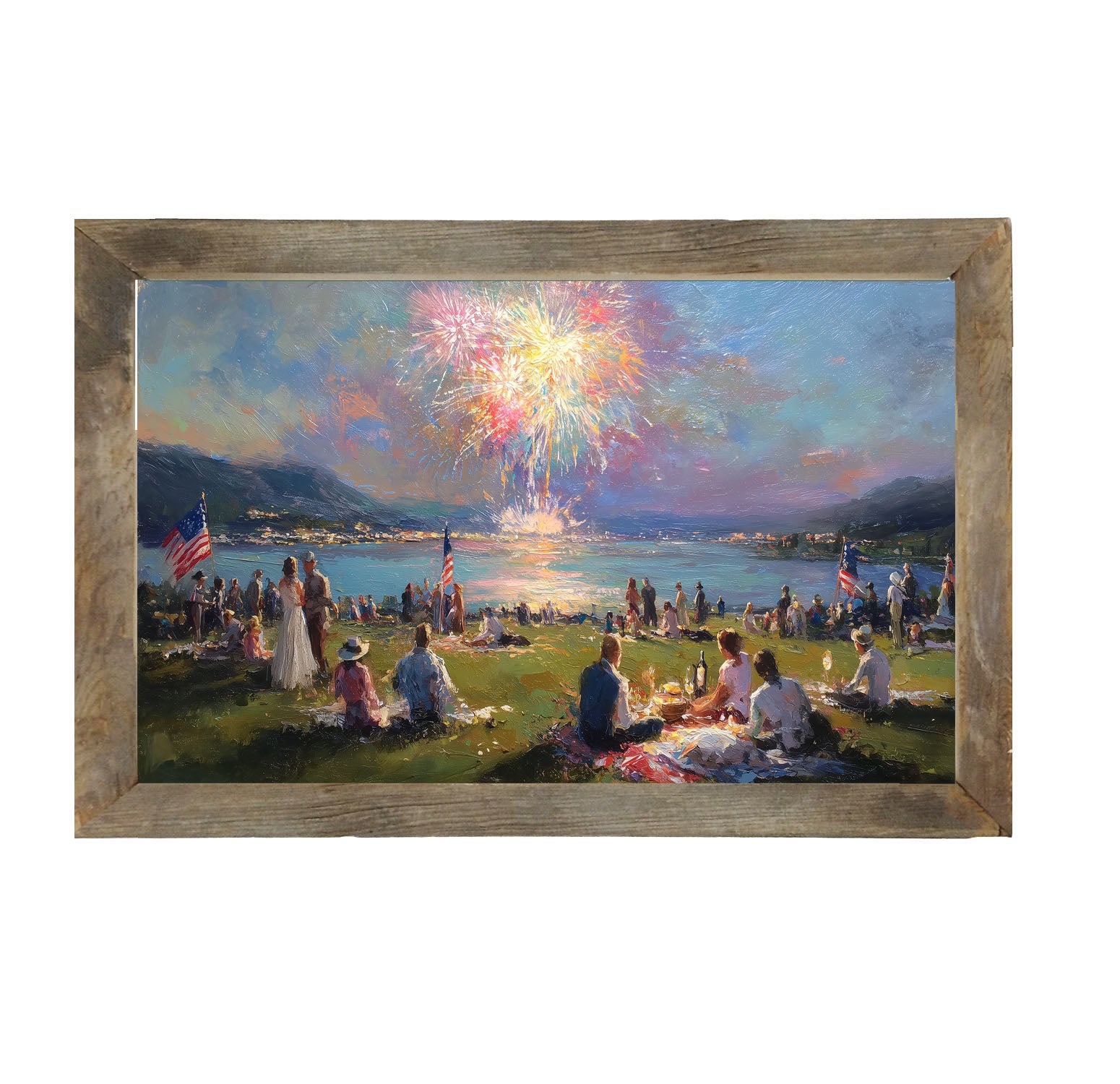 Fireworks- families at the Lake - Framed Art