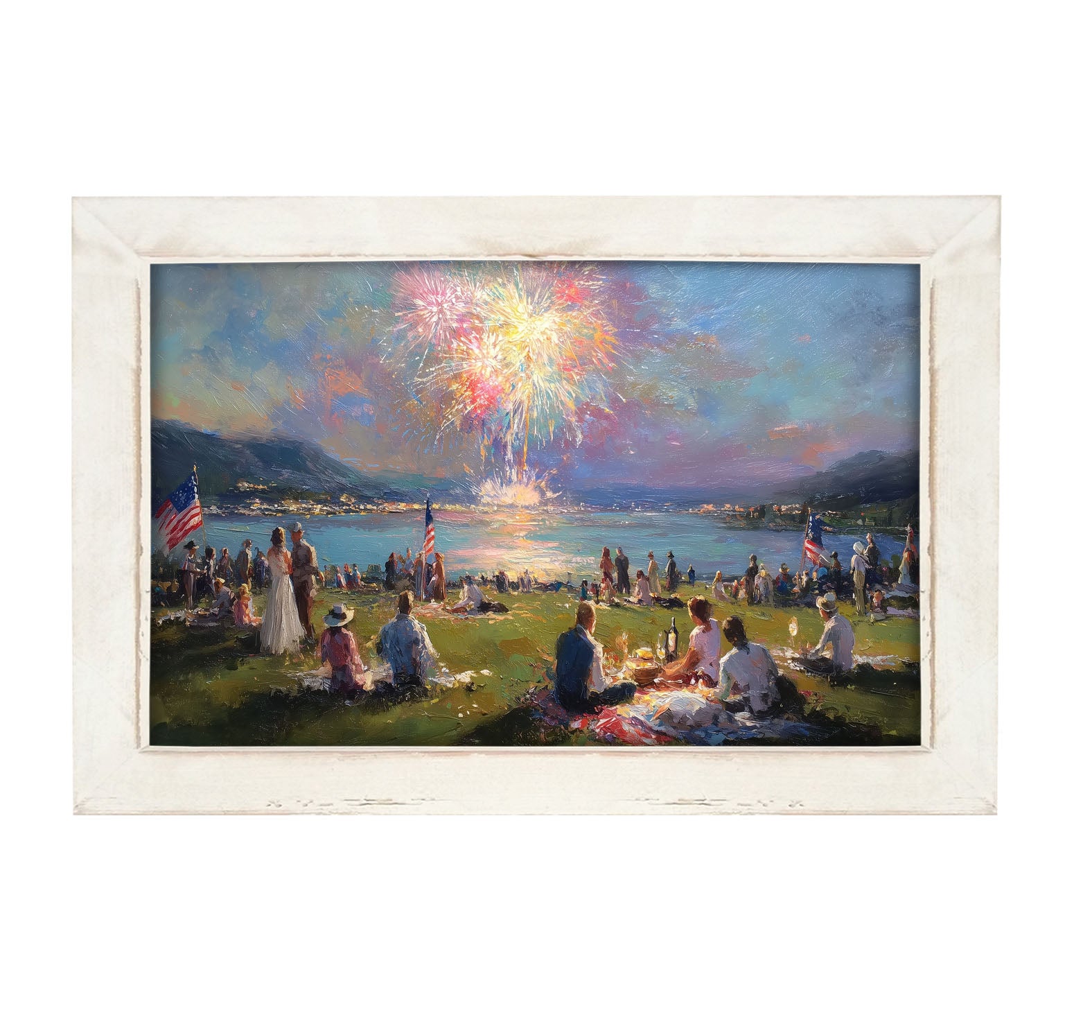 Fireworks- families at the Lake - Framed Art