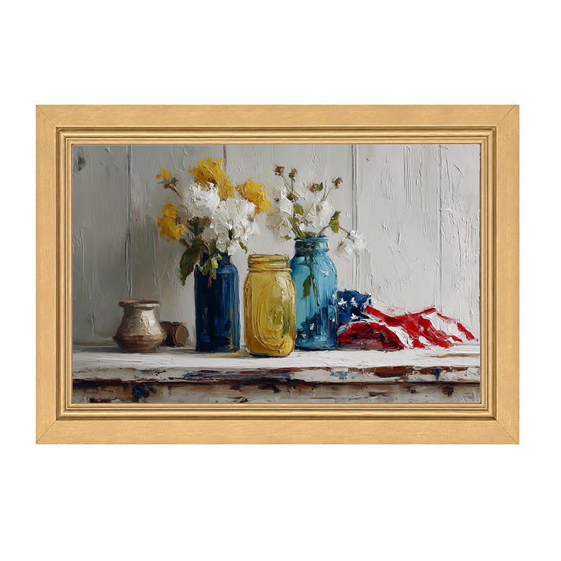 Sideboard Still Life - Jars with American Flag - Framed Art