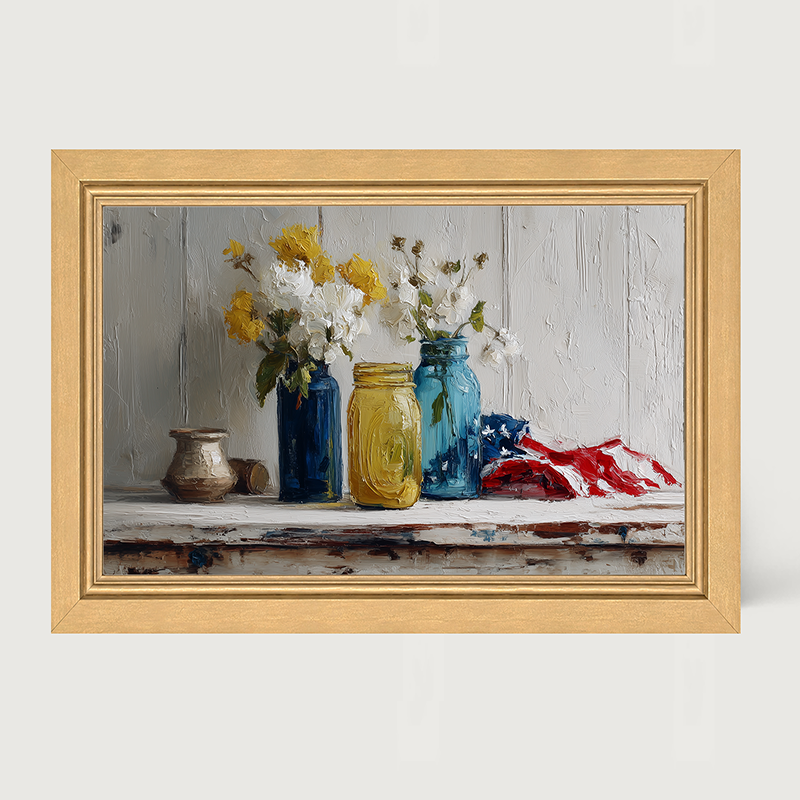 Sideboard Still Life - Jars with American Flag - Framed Art