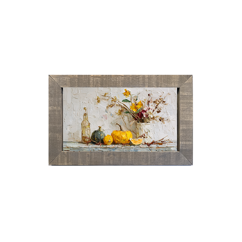 Sideboard Still Life - Pumpkins with Rustic Floral Arrangement - Framed Art