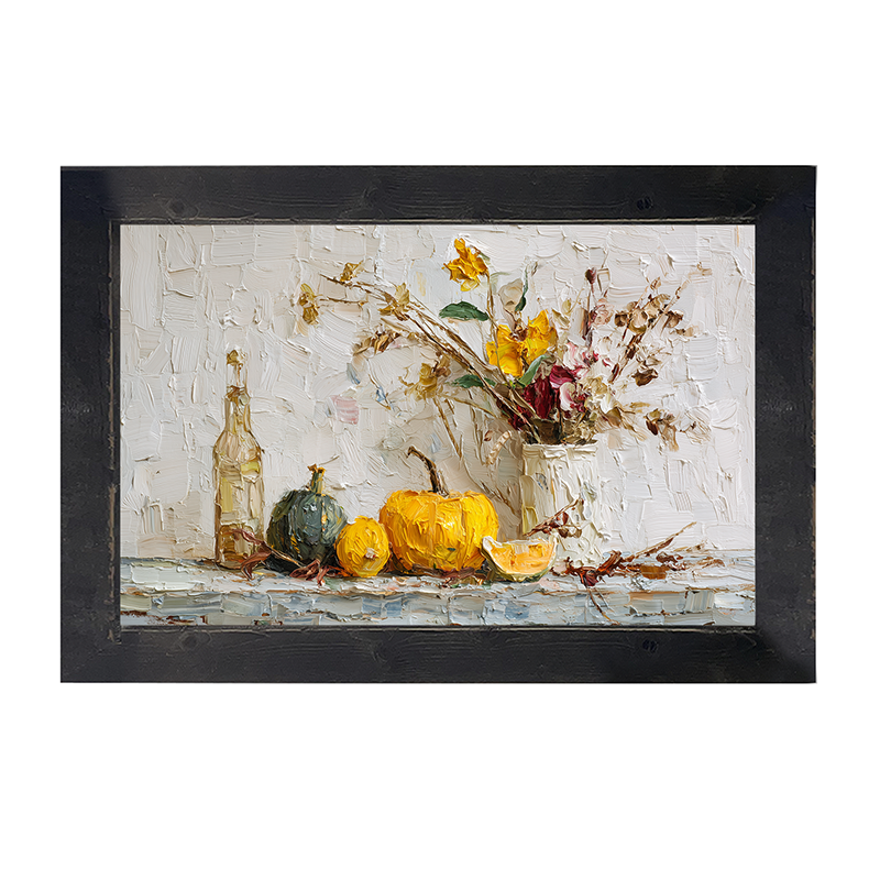 Sideboard Still Life - Pumpkins with Rustic Floral Arrangement - Framed Art