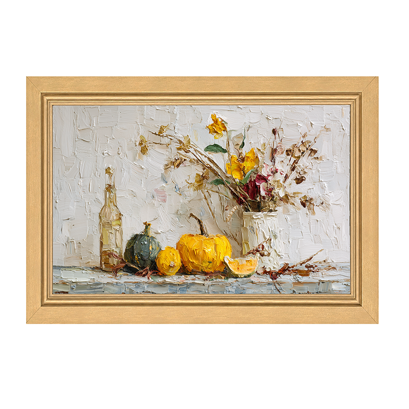 Sideboard Still Life - Pumpkins with Rustic Floral Arrangement - Framed Art