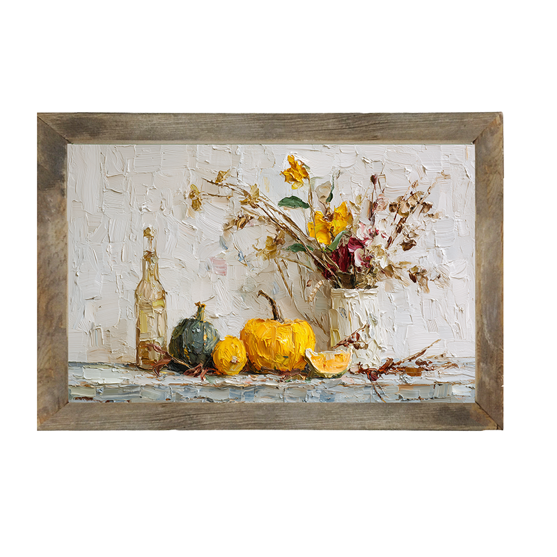 Sideboard Still Life - Pumpkins with Rustic Floral Arrangement - Framed Art
