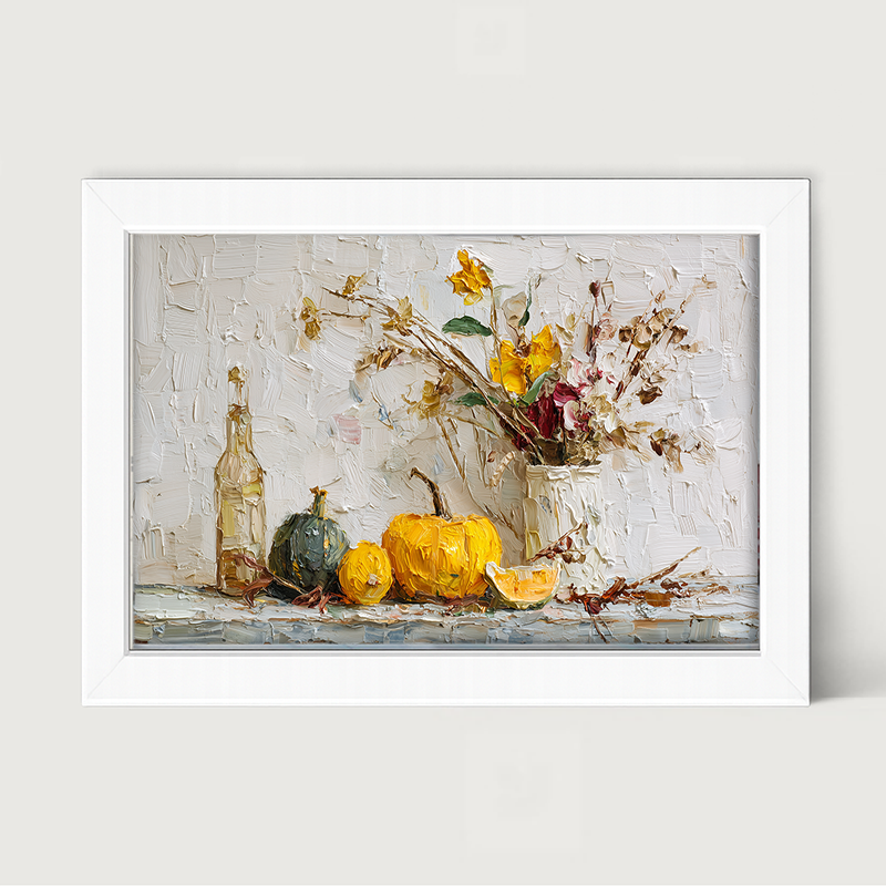 Sideboard Still Life - Pumpkins with Rustic Floral Arrangement