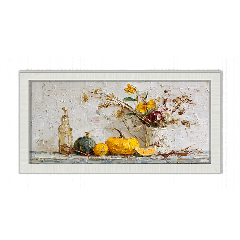 Sideboard Still Life - Pumpkins with Rustic Floral Arrangement - Framed Art