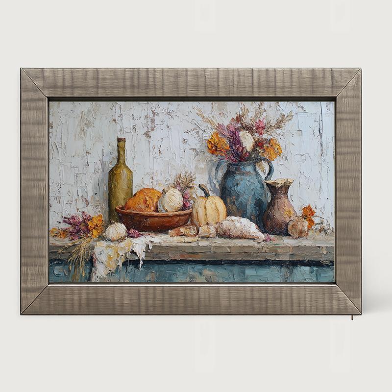 Sideboard Still Life - Pumpkins with Purple Floral Arrangement