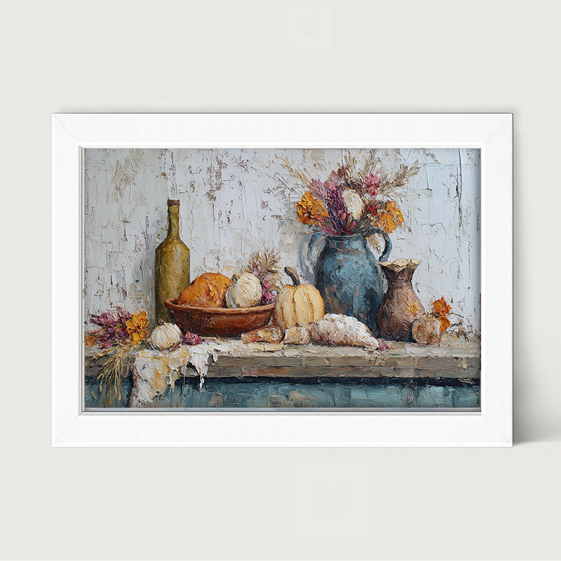Sideboard Still Life - Pumpkins with Purple Floral Arrangement