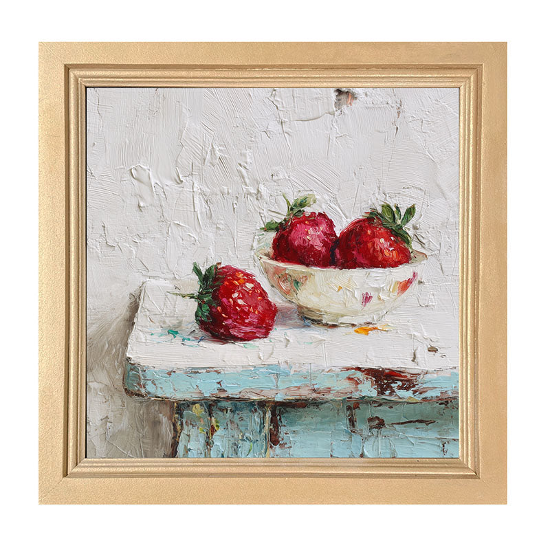 Sideboard Still Life - Sky Blue Table with Strawberries - Framed Art