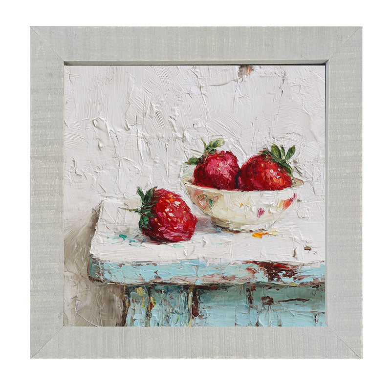 Sideboard Still Life - Sky Blue Table with Strawberries - Framed Art