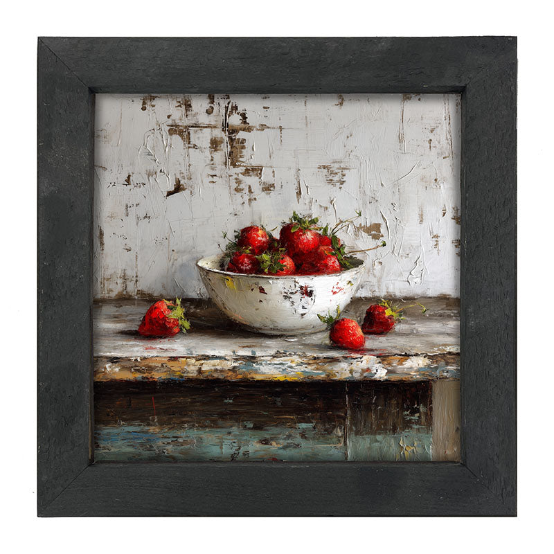 Sideboard Still Life - Rustic Blue Table with Strawberries - Framed Art