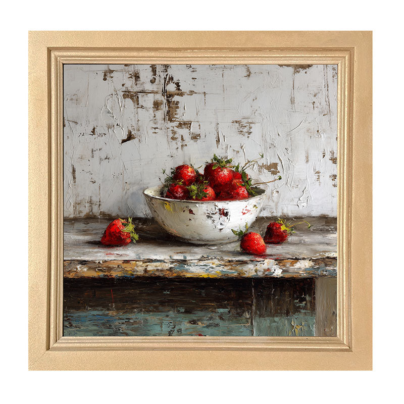 Sideboard Still Life - Rustic Blue Table with Strawberries - Framed Art
