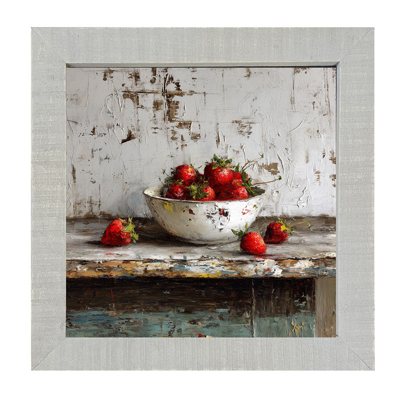 Sideboard Still Life - Rustic Blue Table with Strawberries - Framed Art