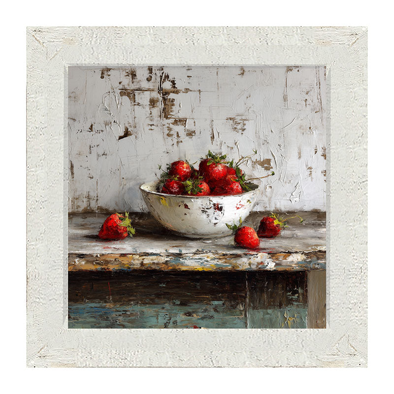Sideboard Still Life - Rustic Blue Table with Strawberries - Framed Art