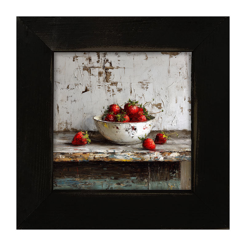 Sideboard Still Life - Rustic Blue Table with Strawberries - Framed Art