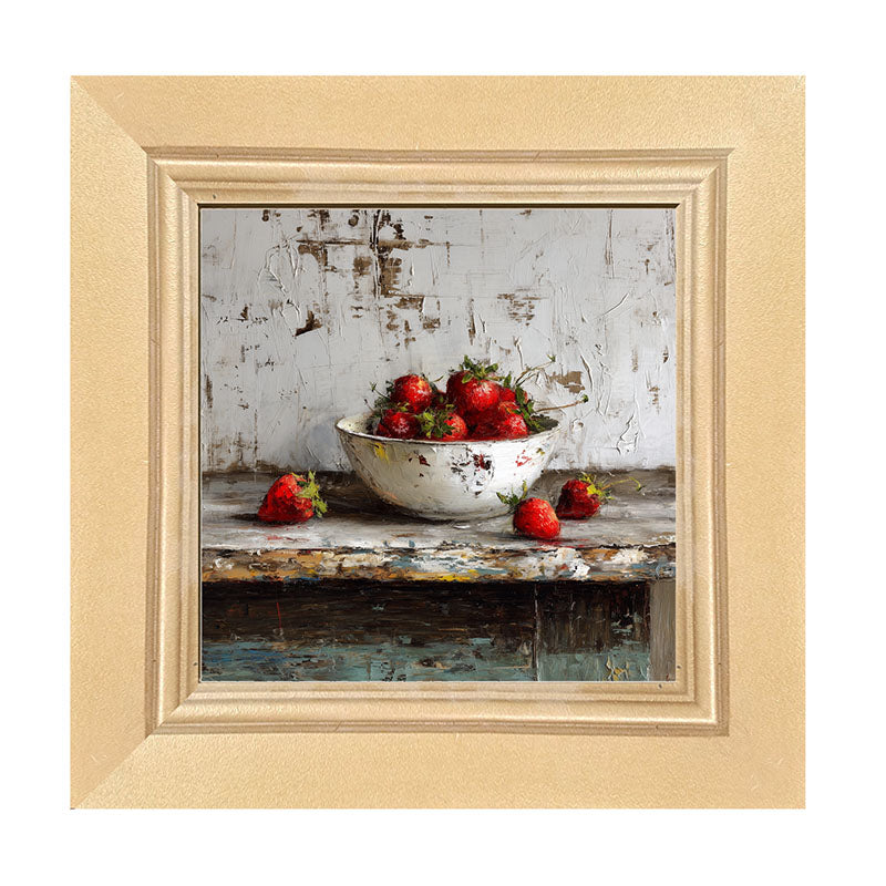 Sideboard Still Life - Rustic Blue Table with Strawberries - Framed Art