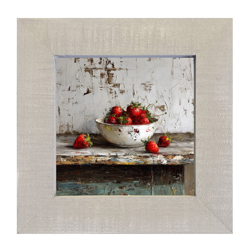 Sideboard Still Life - Rustic Blue Table with Strawberries - Framed Art