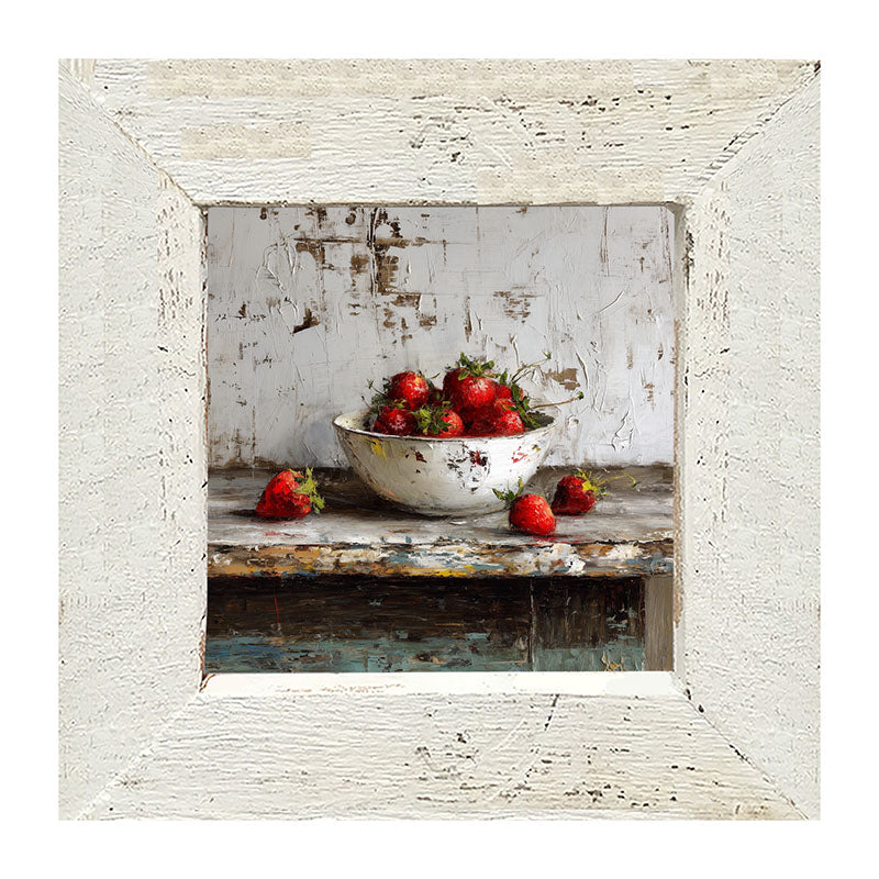 Sideboard Still Life - Rustic Blue Table with Strawberries - Framed Art
