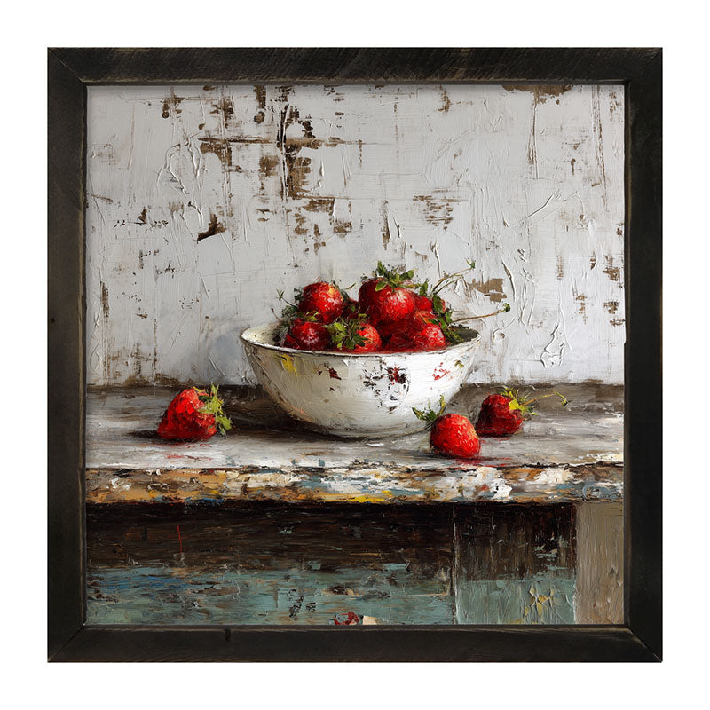 Sideboard Still Life - Rustic Blue Table with Strawberries - Framed Art
