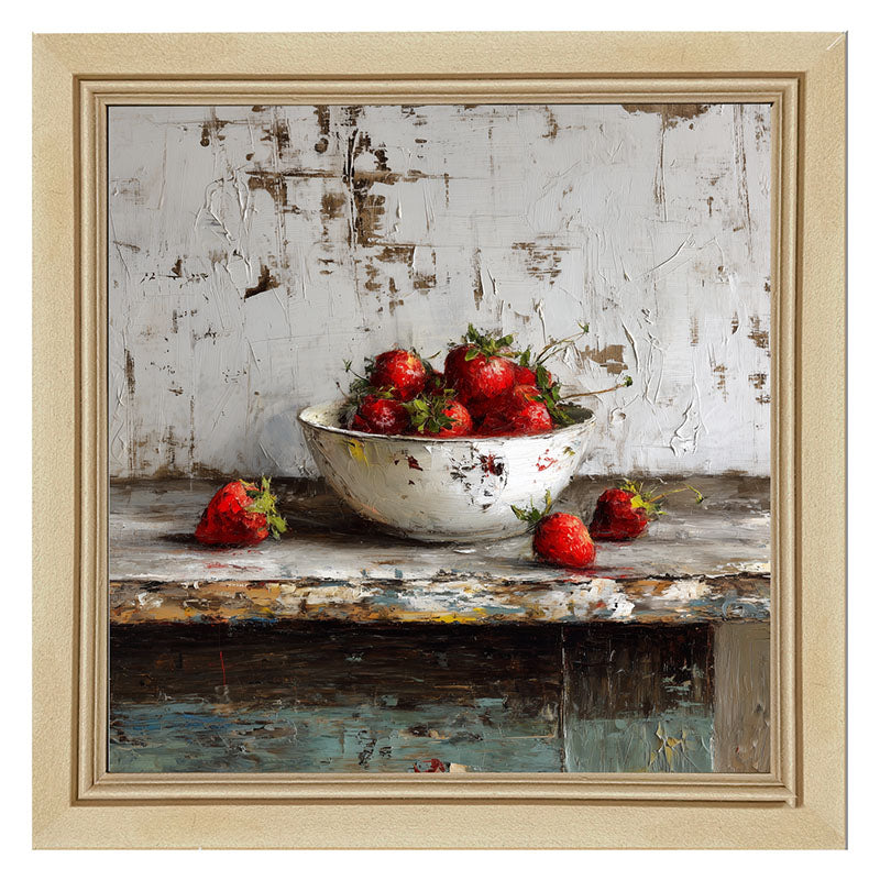 Sideboard Still Life - Rustic Blue Table with Strawberries - Framed Art
