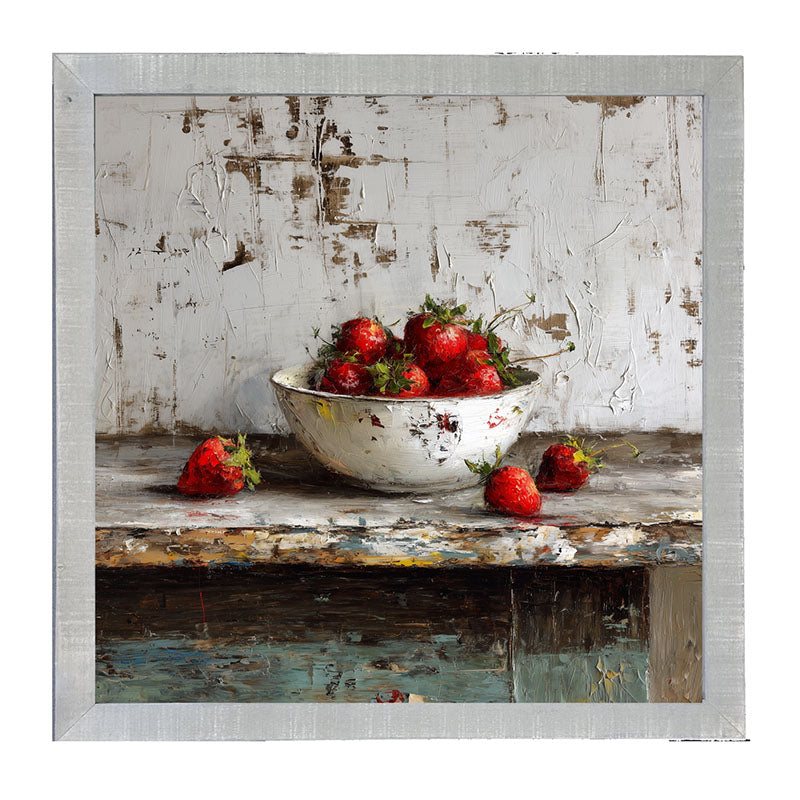 Sideboard Still Life - Rustic Blue Table with Strawberries - Framed Art