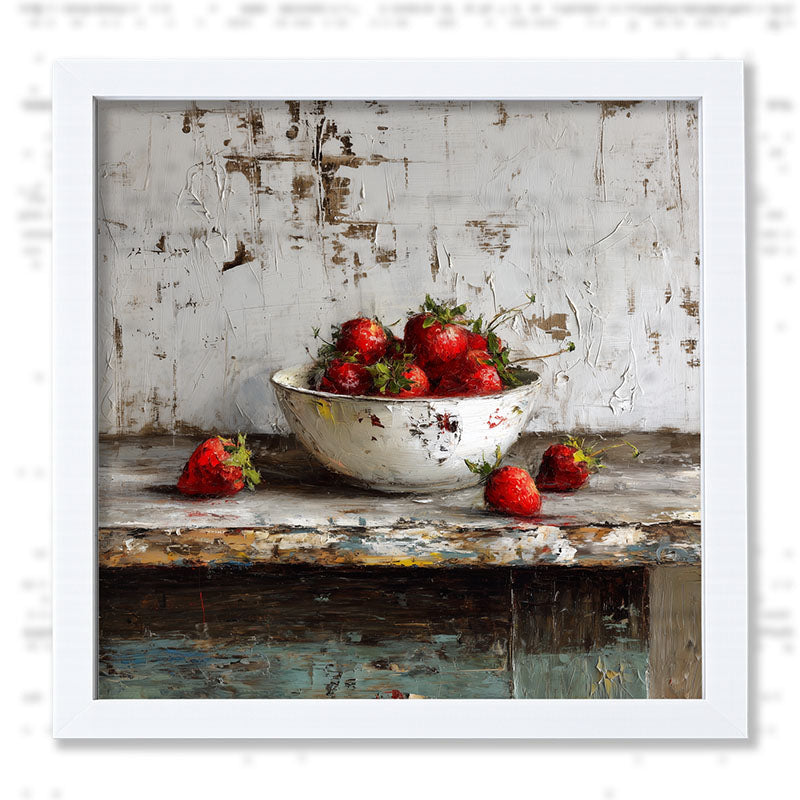 Sideboard Still Life - Rustic Blue Table with Strawberries - Framed Art