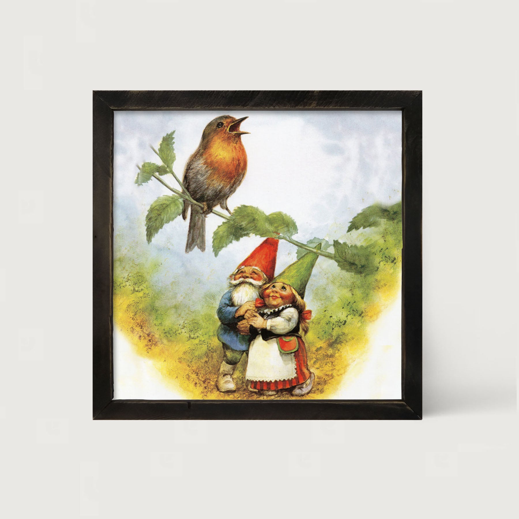 Gnomes Watching Bird - Framed art