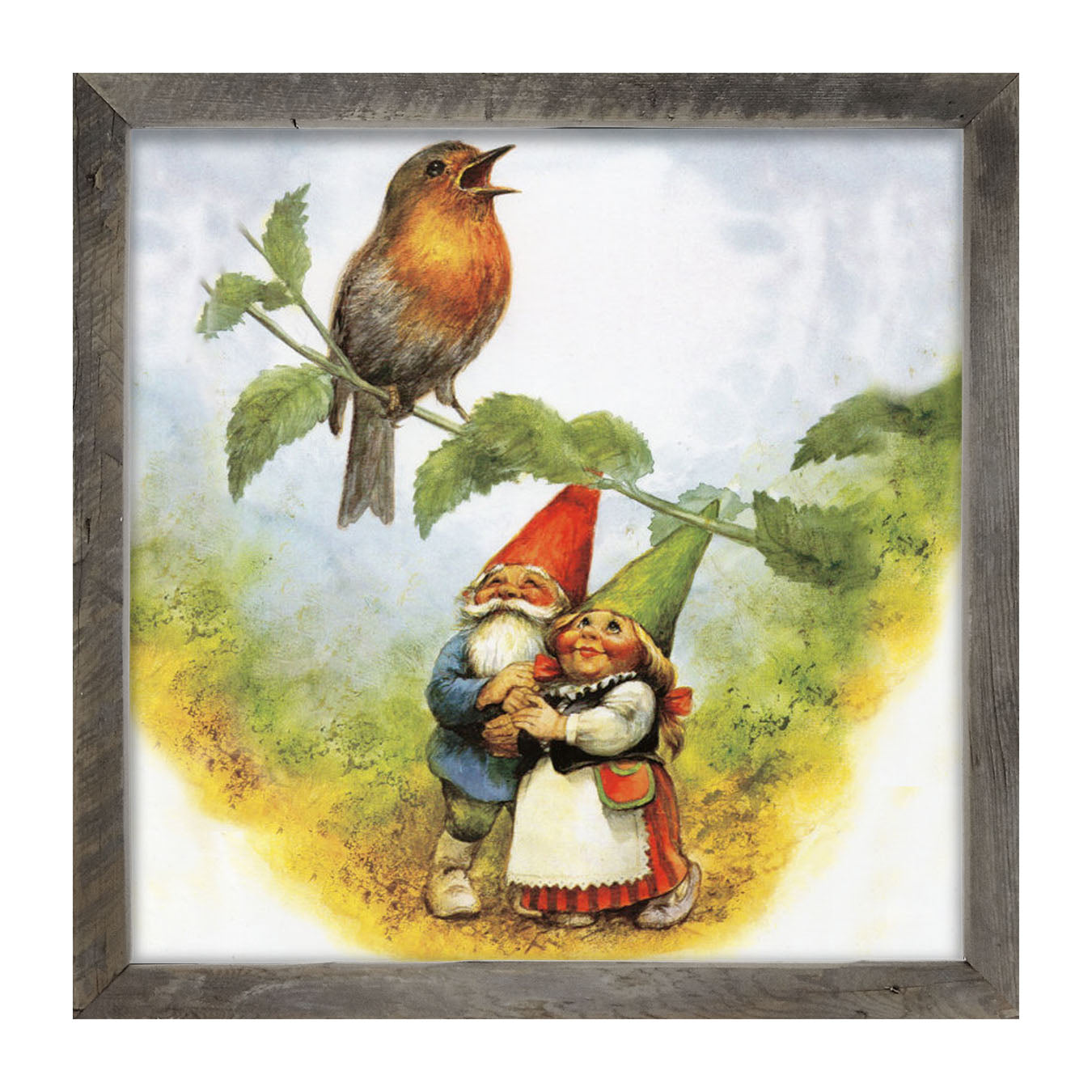 Gnomes Watching Bird - Framed art