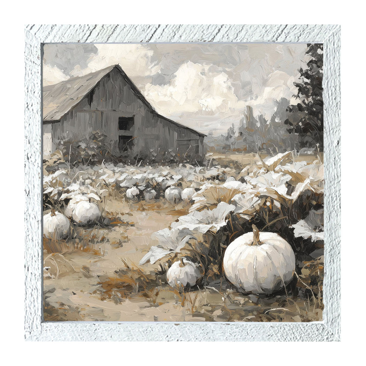 White Pumpkins in Field - Framed Art