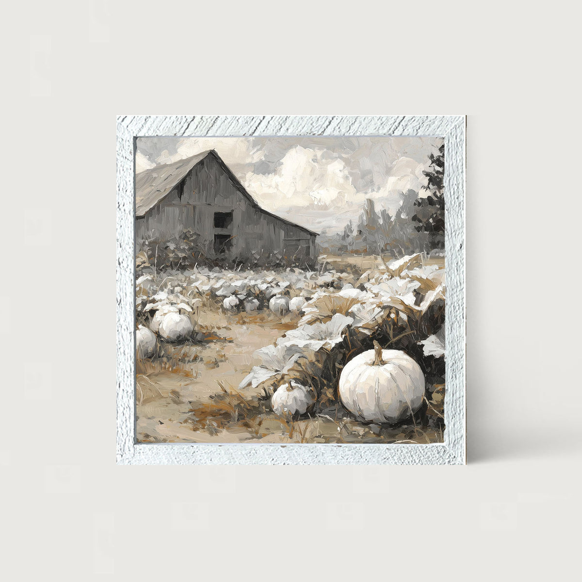 White Pumpkins in Field - Framed Art