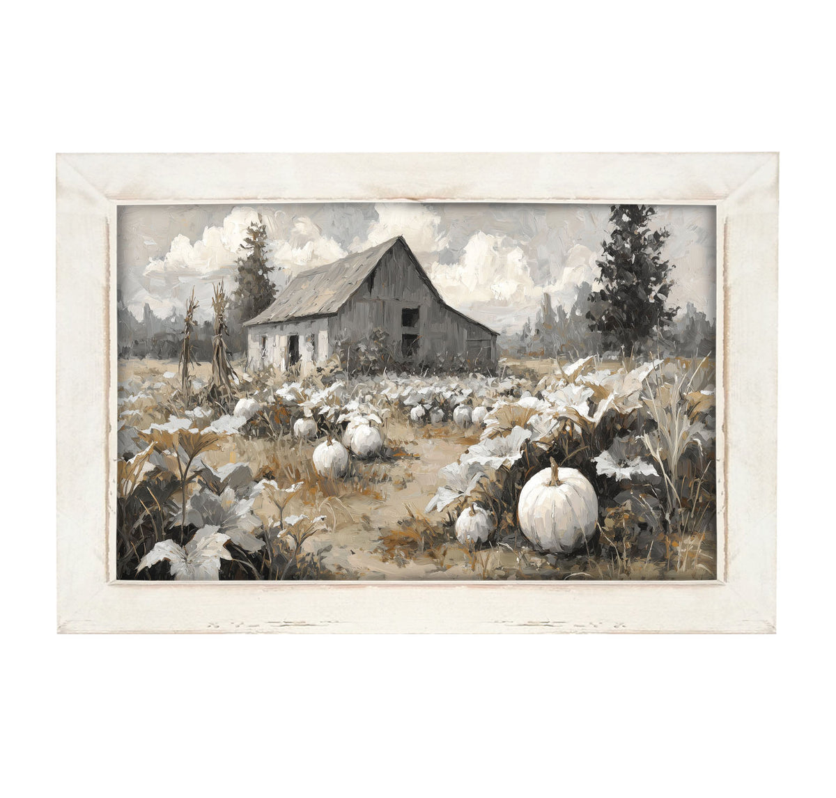 White Pumpkins in Field - Framed Art