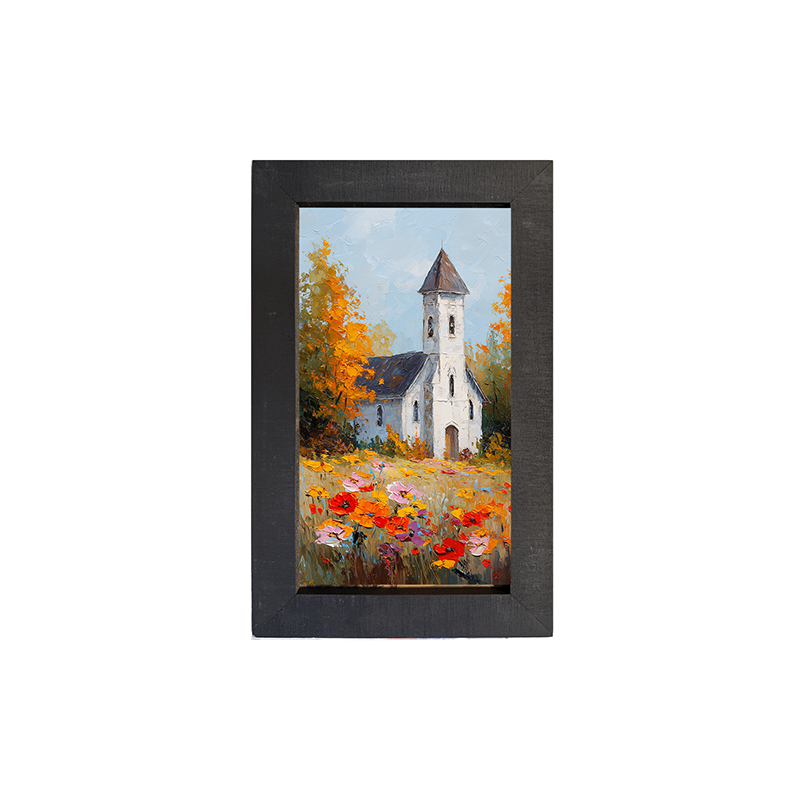 Autumn Country Church - Vibrant Flowers - Framed Art