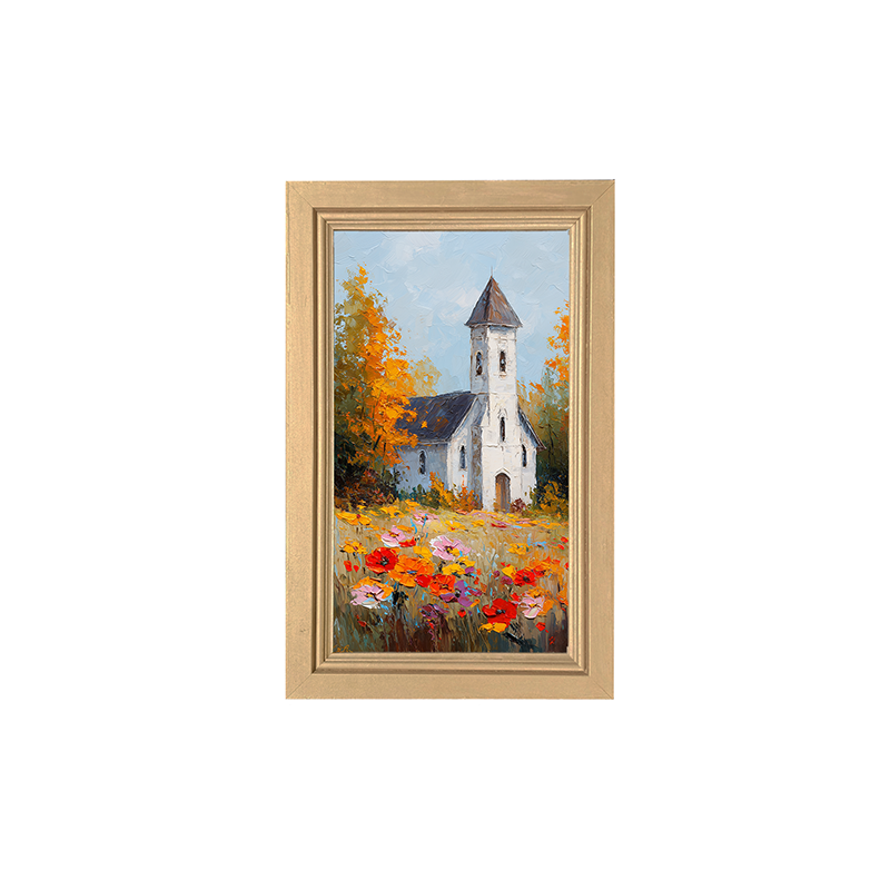 Autumn Country Church - Vibrant Flowers - Framed Art