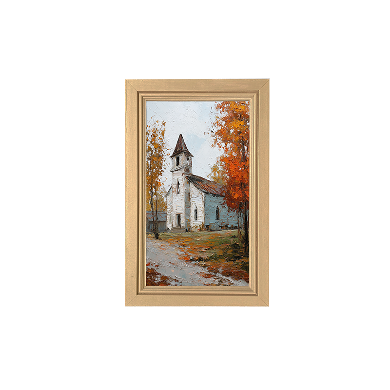 Autumn Country Church - Trees along the Path - Framed Art
