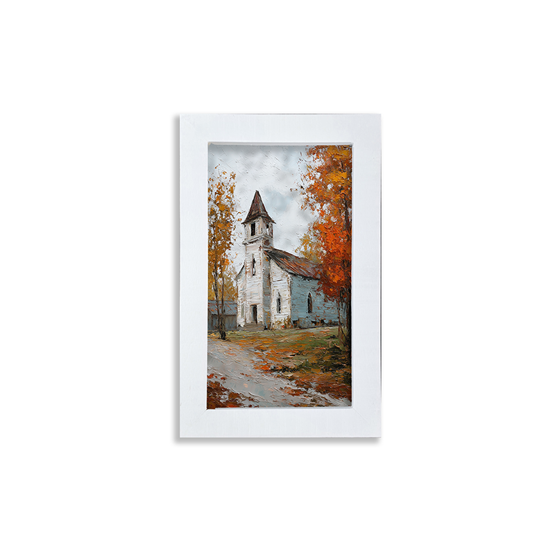 Autumn Country Church - Trees along the Path - Framed Art